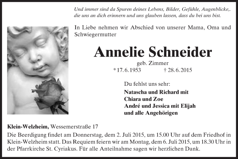  Traueranzeige für Annelie Schneider vom 01.07.2015 aus Offenbach