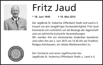 Traueranzeige von Fritz Jaud von Offenbach