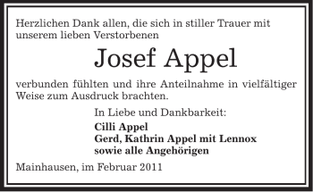 Traueranzeige von Josef Appel von OFFENBACH-POST/HANAU-POST