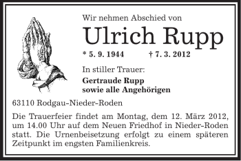 Traueranzeige von Ulrich Rupp von OFFENBACH-POST/HANAU-POST