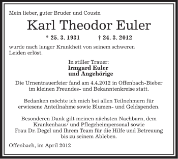 Traueranzeige von Karl Theodor Euler von OFFENBACH-POST/HANAU-POST