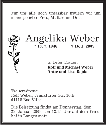 Traueranzeige von Angelika Weber von OFFENBACH-POST/HANAU-POST