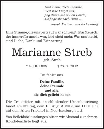 Traueranzeige von Marianne Streb von OFFENBACH-POST/HANAU-POST