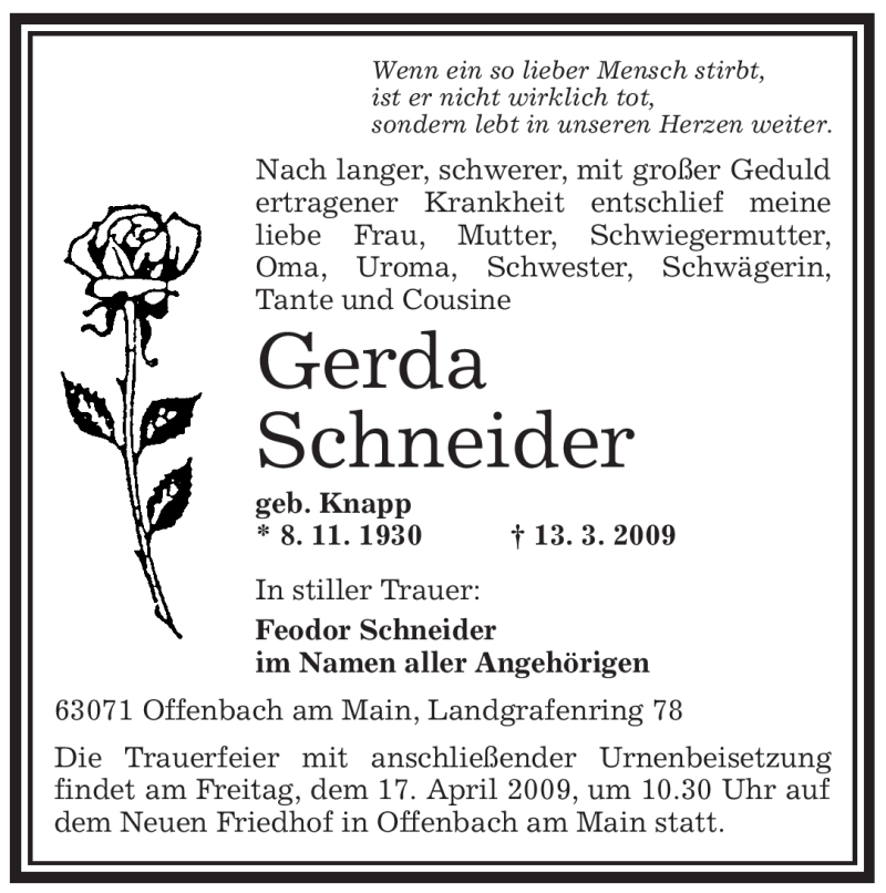 Traueranzeigen von Gerda Schneider | trauer.op-online.de