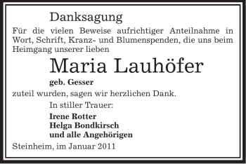 Traueranzeige von Maria Lauhöfer von OFFENBACH-POST/HANAU-POST