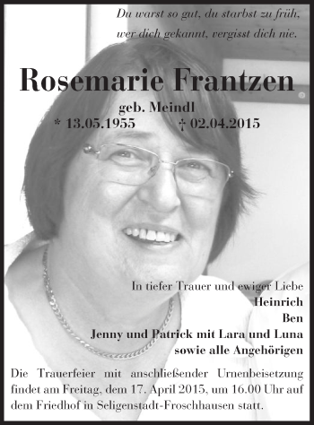 Traueranzeige von Rosemarie Frantzen von Offenbach