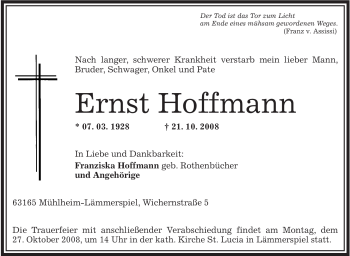 Traueranzeige von Ernst Hoffmann von OFFENBACH-POST/HANAU-POST