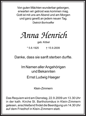 Traueranzeige von Anna Henrich von OFFENBACH-POST/HANAU-POST