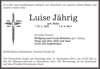 Traueranzeige von Luise Jährig von OFFENBACH-POST/HANAU-POST