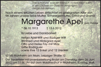 Traueranzeige von Margarethe Appel von OFFENBACH-POST/HANAU-POST