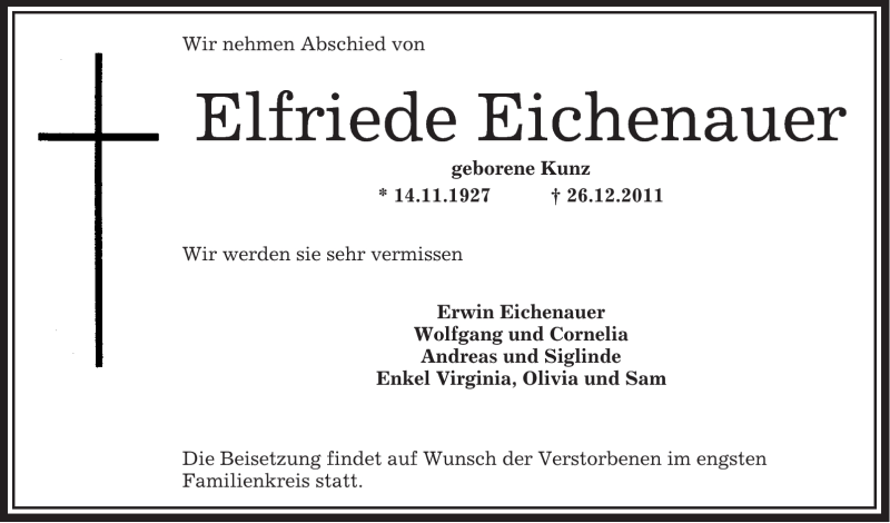  Traueranzeige für Elfriede Eichenauer vom 30.12.2011 aus OFFENBACH-POST/HANAU-POST