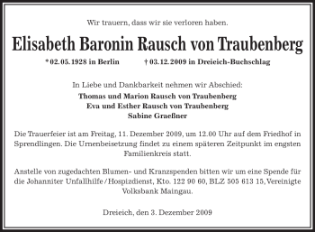 Traueranzeige von Elisabeth Rausch von OFFENBACH-POST/HANAU-POST