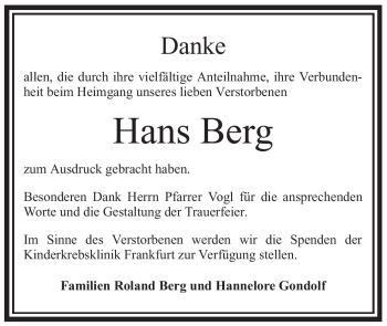 Traueranzeige von Hans Berg von OFFENBACH-POST/HANAU-POST