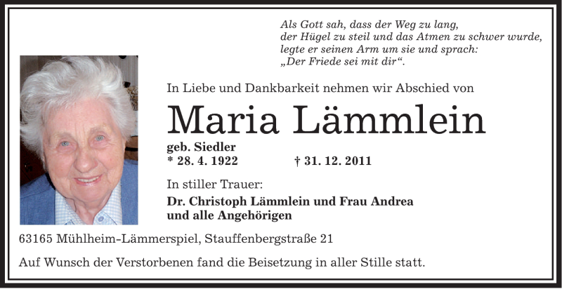  Traueranzeige für Maria Lämmlein vom 07.01.2012 aus OFFENBACH-POST/HANAU-POST