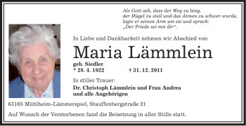 Traueranzeige von Maria Lämmlein von OFFENBACH-POST/HANAU-POST