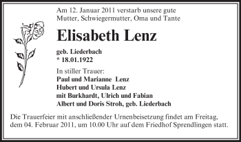 Traueranzeige von Elisabeth Lenz von OFFENBACH-POST/HANAU-POST