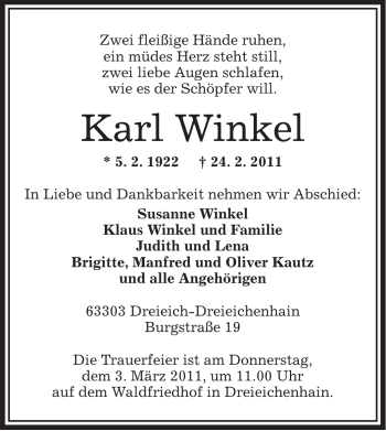 Traueranzeige von Karl Winkel von OFFENBACH-POST/HANAU-POST