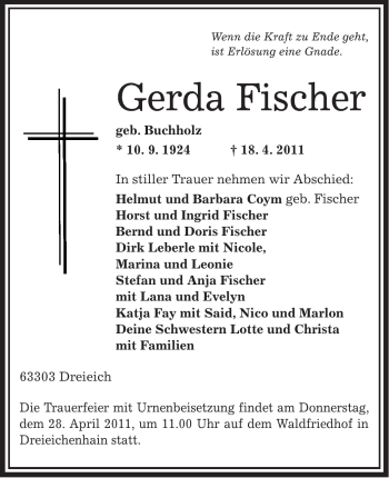 Traueranzeige von Gerda Fischer von OFFENBACH-POST/HANAU-POST