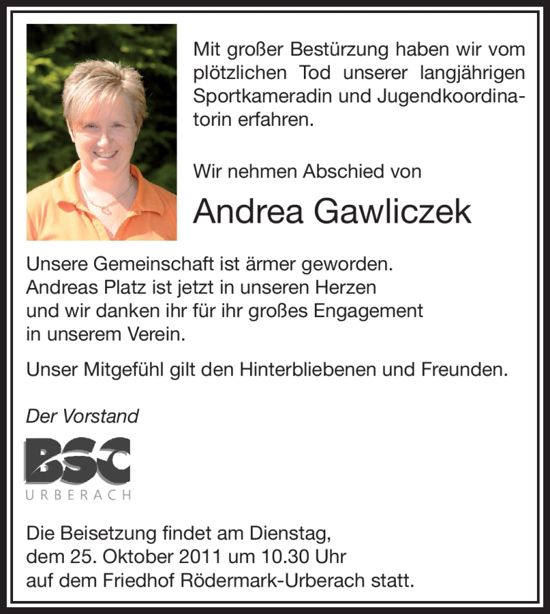  Traueranzeige für Andrea Gawliczek vom 24.10.2011 aus OFFENBACH-POST/HANAU-POST