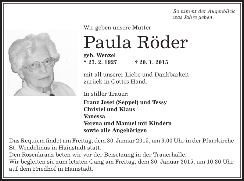  Traueranzeige für Paula Röder vom 28.01.2015 aus Offenbach
