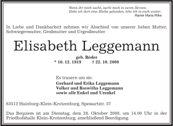 Traueranzeige von Elisabeth Leggemann von OFFENBACH-POST/HANAU-POST