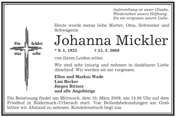 Traueranzeige von Johanna Mickler von OFFENBACH-POST/HANAU-POST