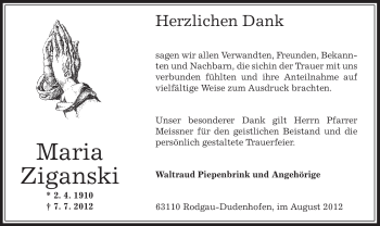 Traueranzeige von Maria Ziganki von OFFENBACH-POST/HANAU-POST