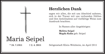 Traueranzeige von Maria Seipel von OFFENBACH-POST/HANAU-POST