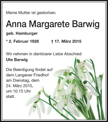 Traueranzeige von Anna Margarete Barwig von Offenbach