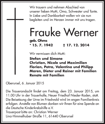 Traueranzeige von Frauke Werner von Offenbach