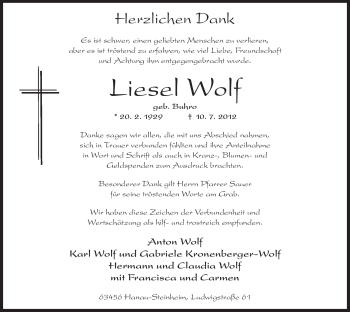 Traueranzeige von Liesel Wolf von OFFENBACH-POST/HANAU-POST