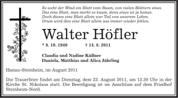 Traueranzeige von Walter Höfler von OFFENBACH-POST/HANAU-POST