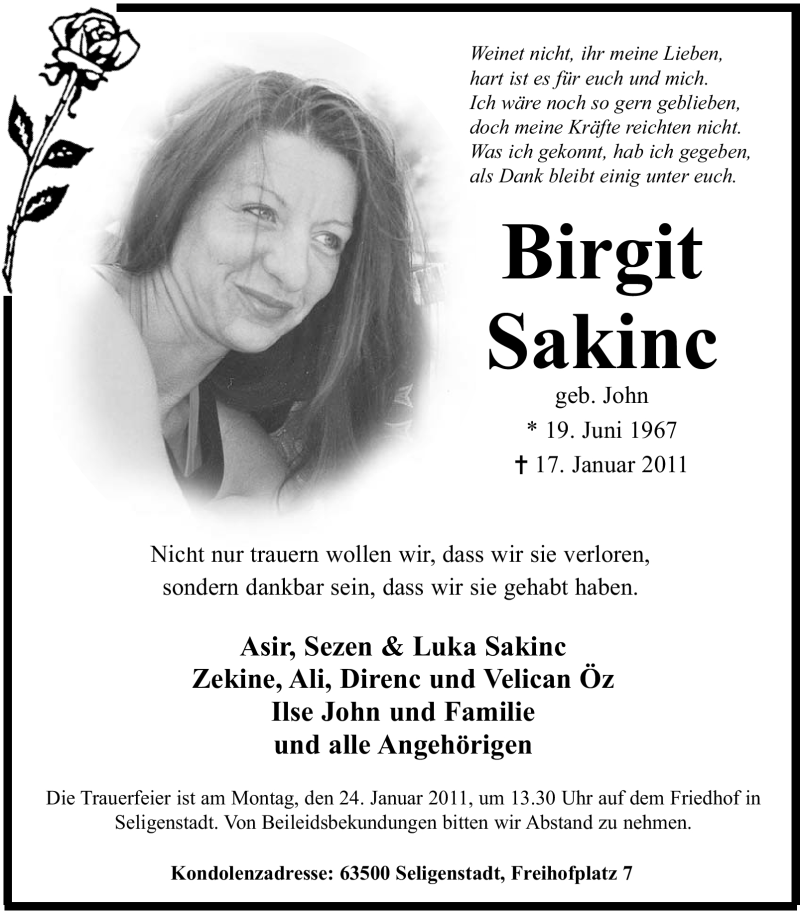  Traueranzeige für Birgit Sakinc vom 22.01.2011 aus OFFENBACH-POST/HANAU-POST