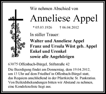 Traueranzeige von Anneliese Appel von OFFENBACH-POST/HANAU-POST