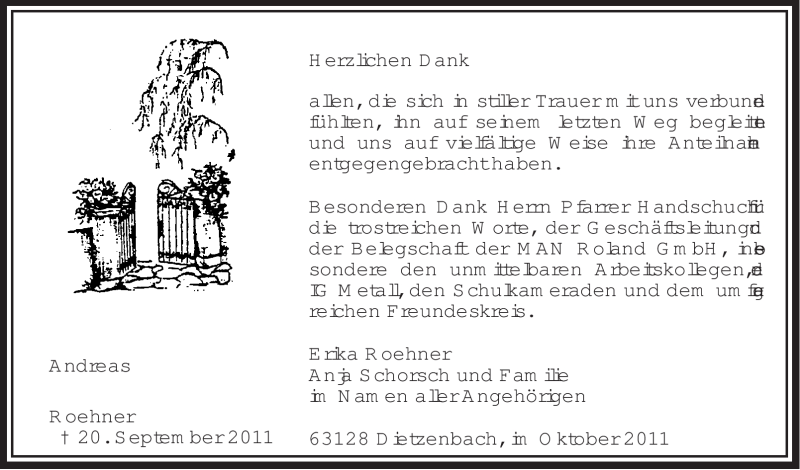  Traueranzeige für Andreas Roehner vom 22.10.2011 aus OFFENBACH-POST/HANAU-POST