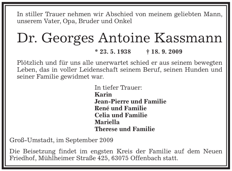 Traueranzeige für Georges Antoine Kassmann vom 24.09.2009 aus OFFENBACH-POST/HANAU-POST