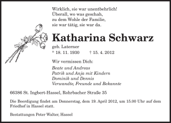 Traueranzeige von Katharina Schwarz von OFFENBACH-POST/HANAU-POST