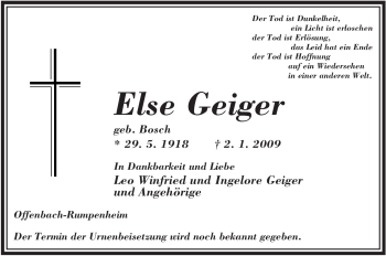 Traueranzeige von Else Geiger von OFFENBACH-POST/HANAU-POST