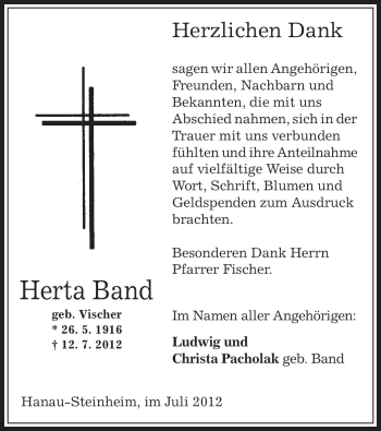 Traueranzeige von Herta Band von OFFENBACH-POST/HANAU-POST