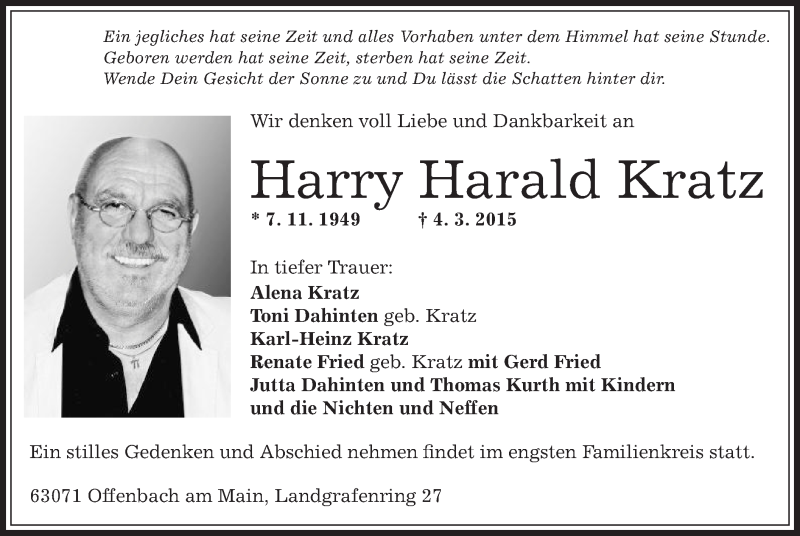  Traueranzeige für Harry Harald Kratz vom 07.03.2015 aus Offenbach