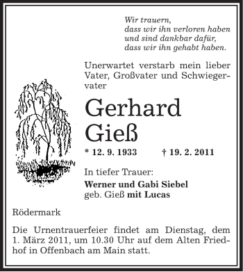 Traueranzeige von Gerhard Gieß von OFFENBACH-POST/HANAU-POST