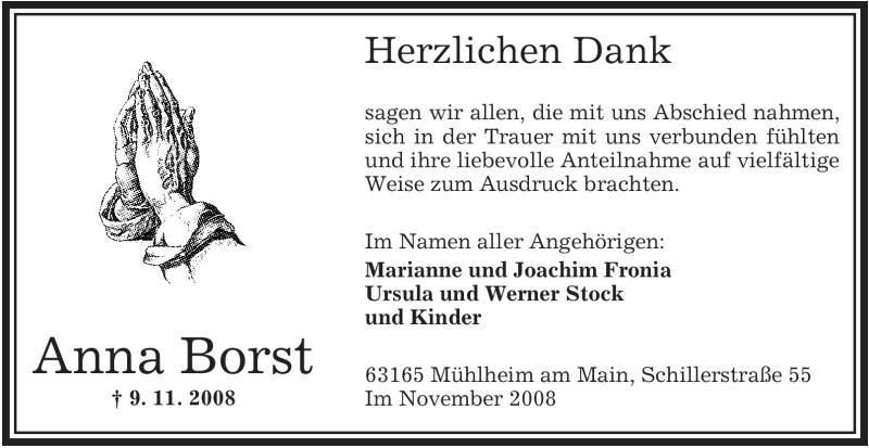  Traueranzeige für Anna Borst vom 03.12.2008 aus OFFENBACH-POST/HANAU-POST
