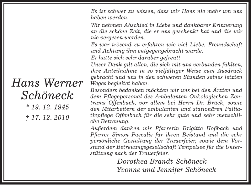  Traueranzeige für Hans Werner Schöneck vom 29.01.2011 aus OFFENBACH-POST/HANAU-POST