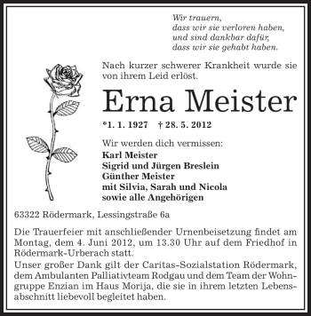 Traueranzeige von Erna Meister von OFFENBACH-POST/HANAU-POST