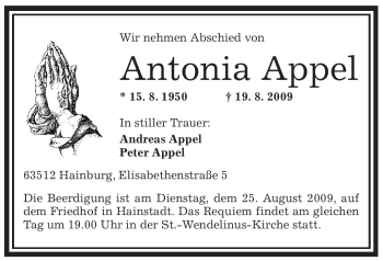 Traueranzeige von Antonia Appel von OFFENBACH-POST/HANAU-POST