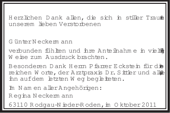 Traueranzeige von Günter Neckermann von OFFENBACH-POST/HANAU-POST