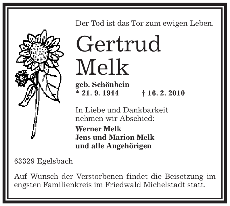  Traueranzeige für Gertrud Melk vom 19.02.2010 aus OFFENBACH-POST/HANAU-POST