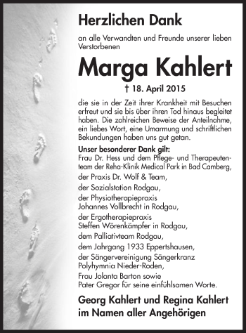 Traueranzeige von Marga Kahlert von Offenbach