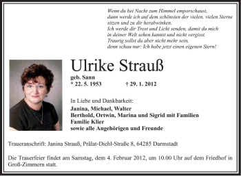 Traueranzeige von Ulrike Strauß von OFFENBACH-POST/HANAU-POST