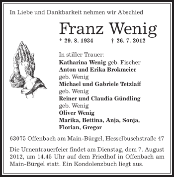 Traueranzeige von Franz Wenig von OFFENBACH-POST/HANAU-POST